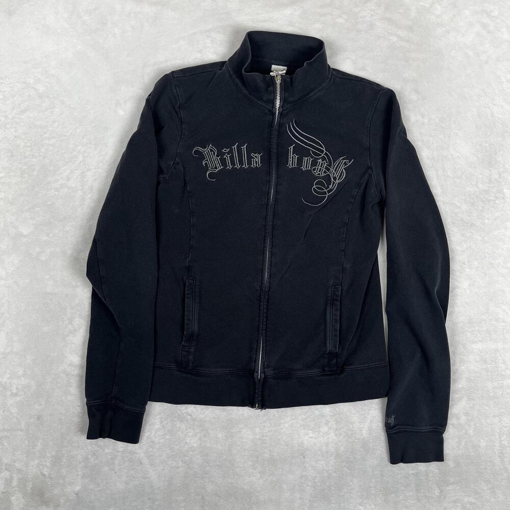 VTG Billabong Sweatshirt Womens Small Black Full Zip Fleece Rhinestone Logo Y2K